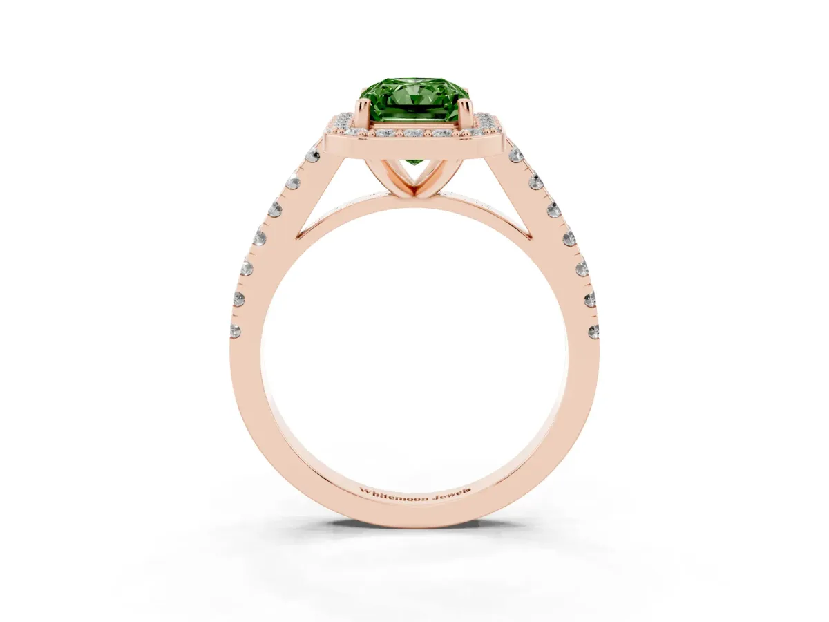 Fancy Green Radiant Cut Diamond Halo Ring with Round Pavé Split Shank and Prong Setting Rose gold