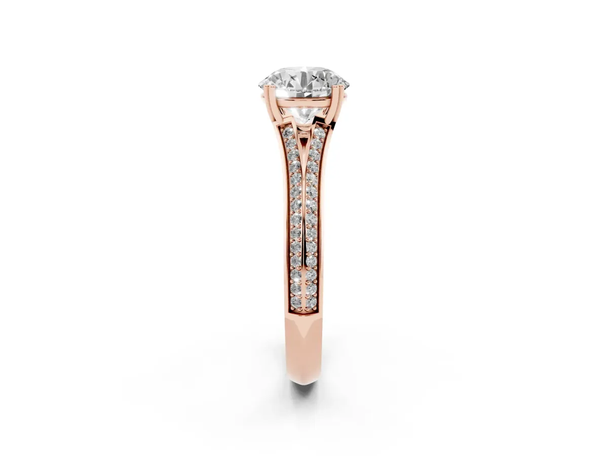 Round Cut Diamond Split Shank Engagement Ring with Pavé Band Rose gold