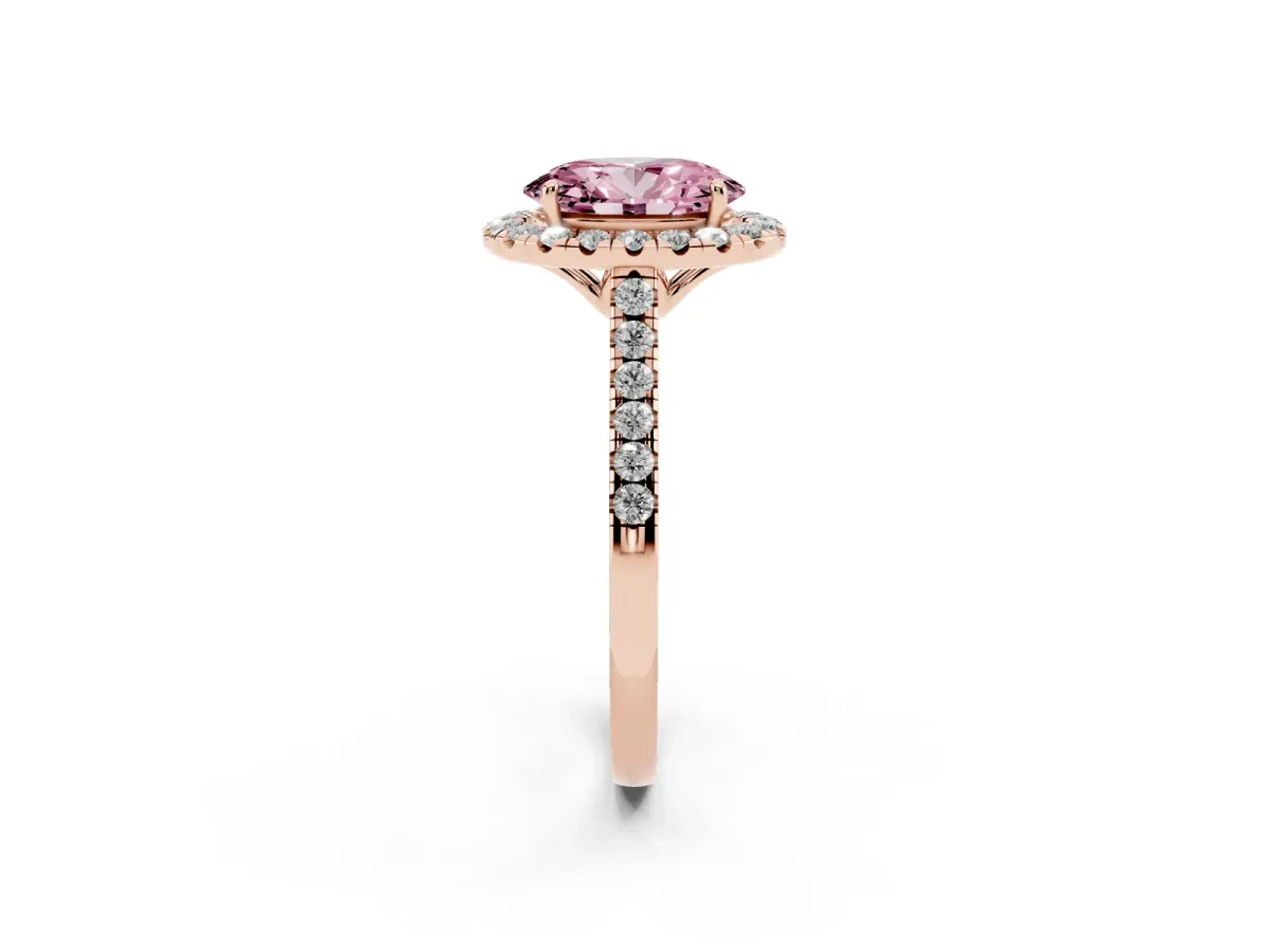 Fancy Pink Oval Cut Halo Pavé Diamond Engagement Ring with Four-Prong Setting Rose gold