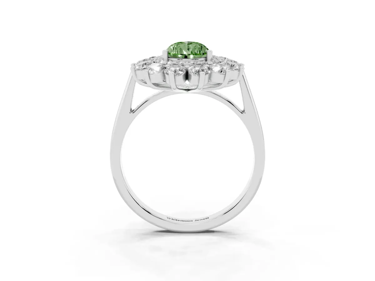 Fancy Green Pear Cut Diamond Floral Double Halo Engagement Ring with Prong Setting Silver