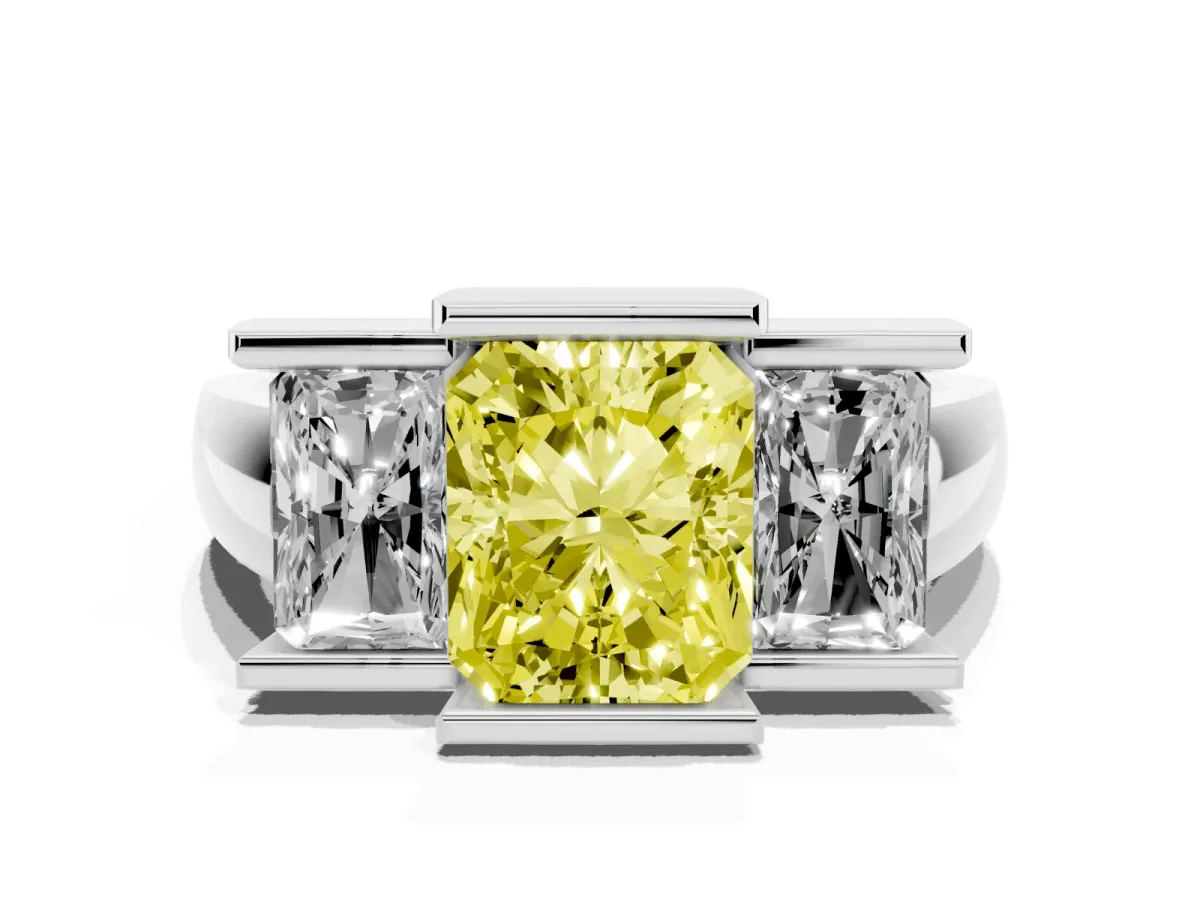 Fancy Yellow Three Stone Radiant Cut Cut Channel Set Diamond Ring Silver
