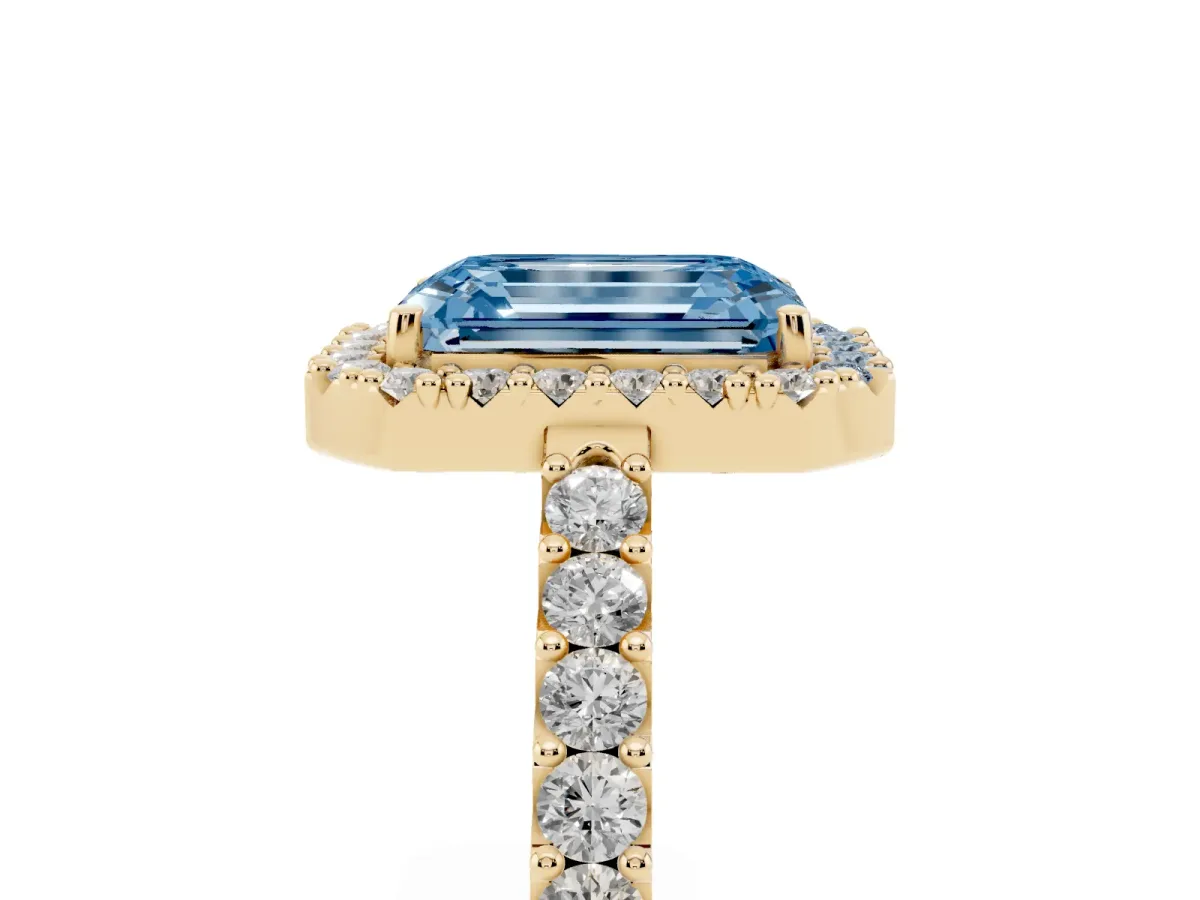Fancy Blue Emerald Cut Halo Diamond Pavé Solitaire Ring Yellow gold