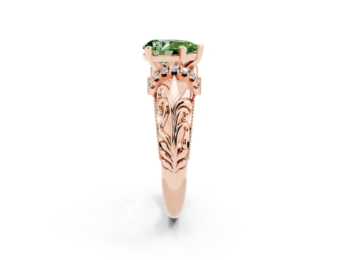 Fancy Green Pear Cut Solitaire Filigree Engagement Ring with Halo and Prong Setting Rose gold