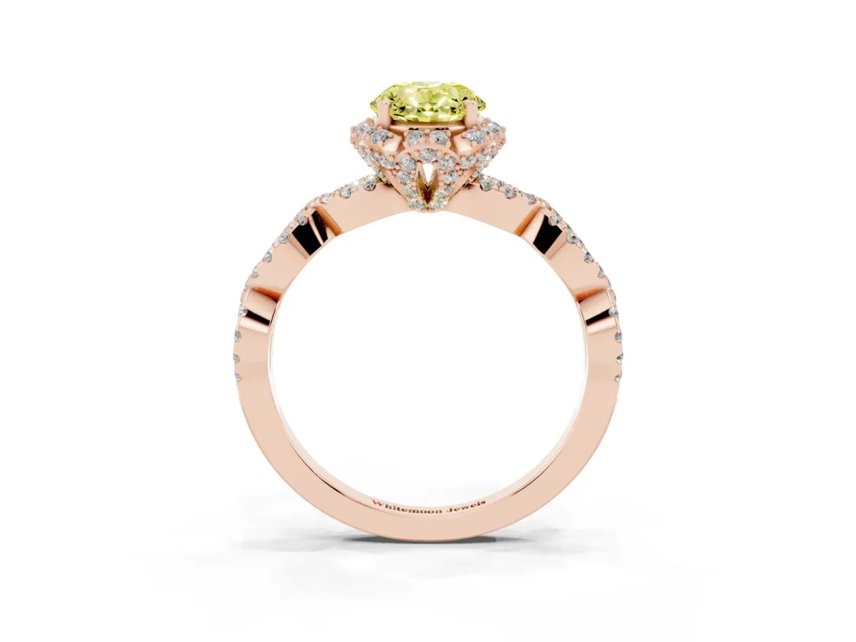 Fancy Yellow Oval Cut Halo Twist Band Solitaire Ring with Six-Prong Setting Rose gold
