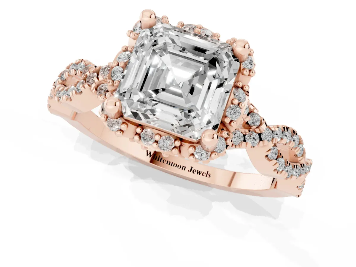 Asscher Cut Halo Twist Band Solitaire Ring with Six-Prong Setting Rose gold