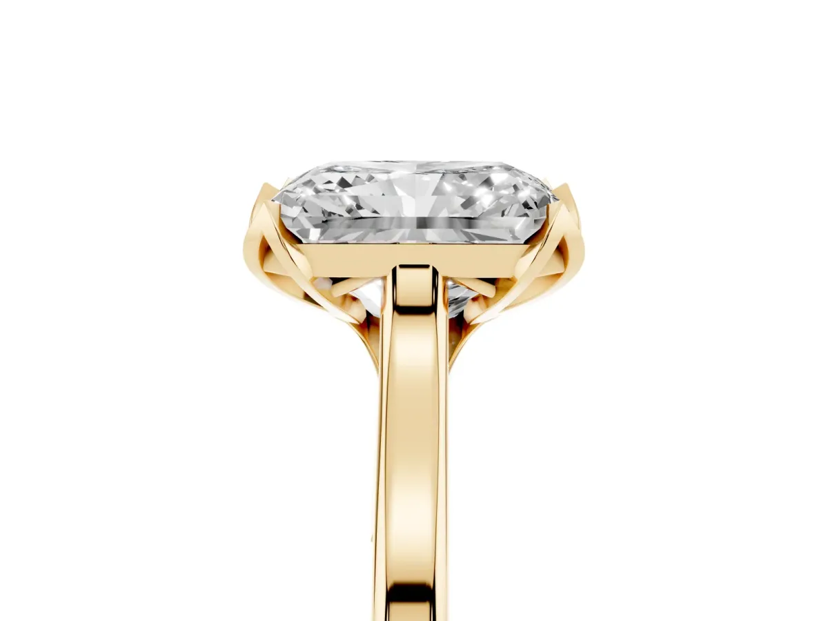 Radiant Cut Diamond Solitaire Ring with Flower Prong Setting and Classic Band Yellow gold