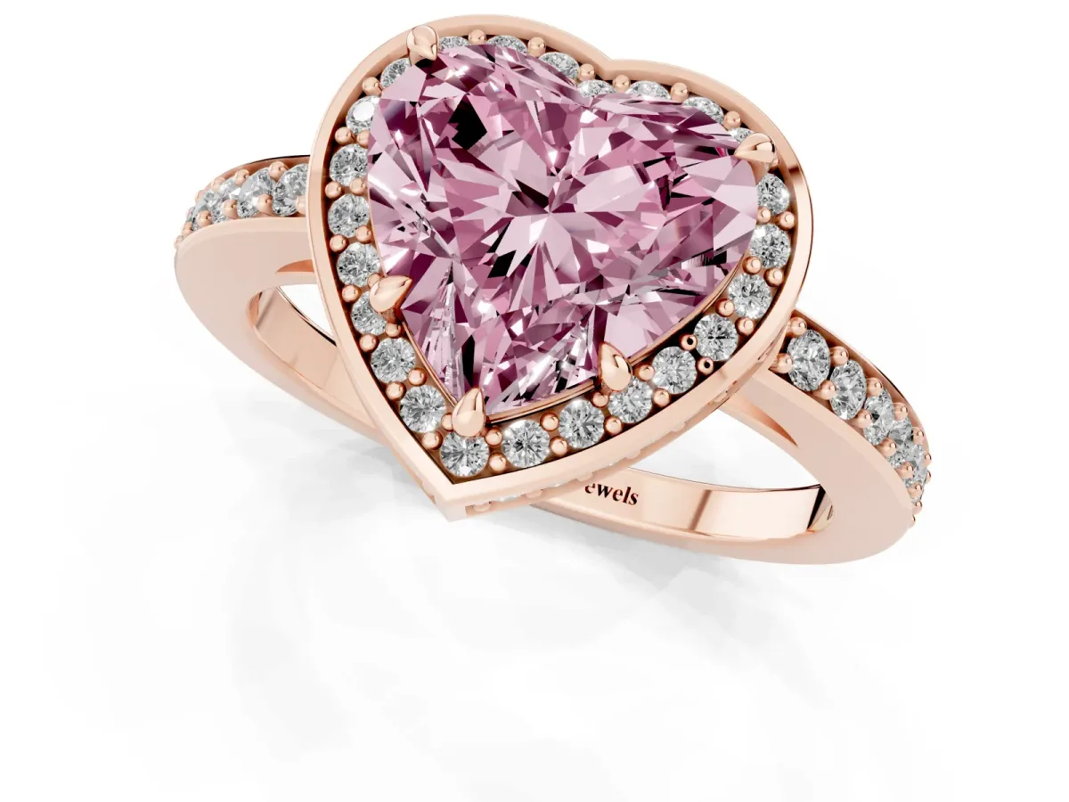 Fancy Pink Heart Cut Halo Pave Band Solitaire Ring with Prong Setting Rose gold