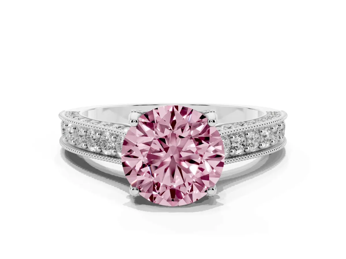 Fancy Pink Round Cut Cut Diamond Solitaire Ring with Milgrain Pave Band and Four Prong Setting Silver