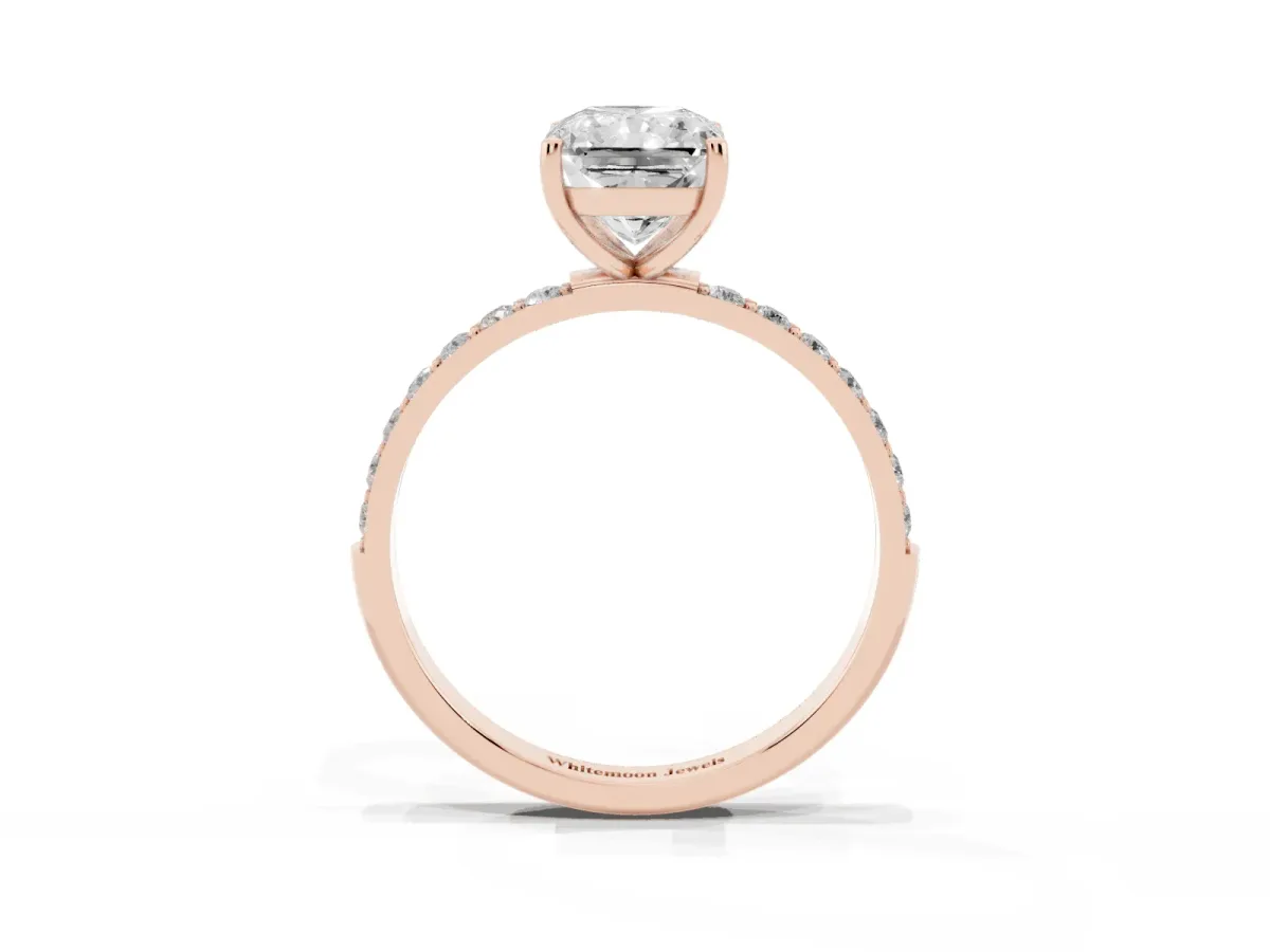 Radiant Cut Diamond Solitaire Ring with Round Pavé Shoulders and Prong Setting Rose gold