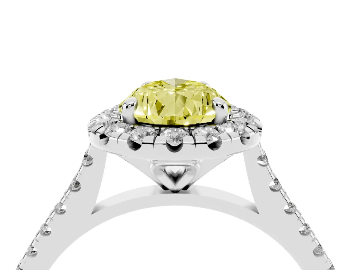 Fancy Yellow Pear Cut Diamond Cushion Halo Ring with Pavé Band Silver