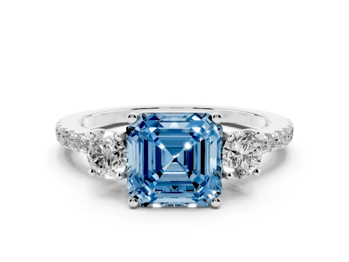 Fancy Blue Three-Stone Asscher Cut Cut Diamond Pavé Band with Prong Setting Silver