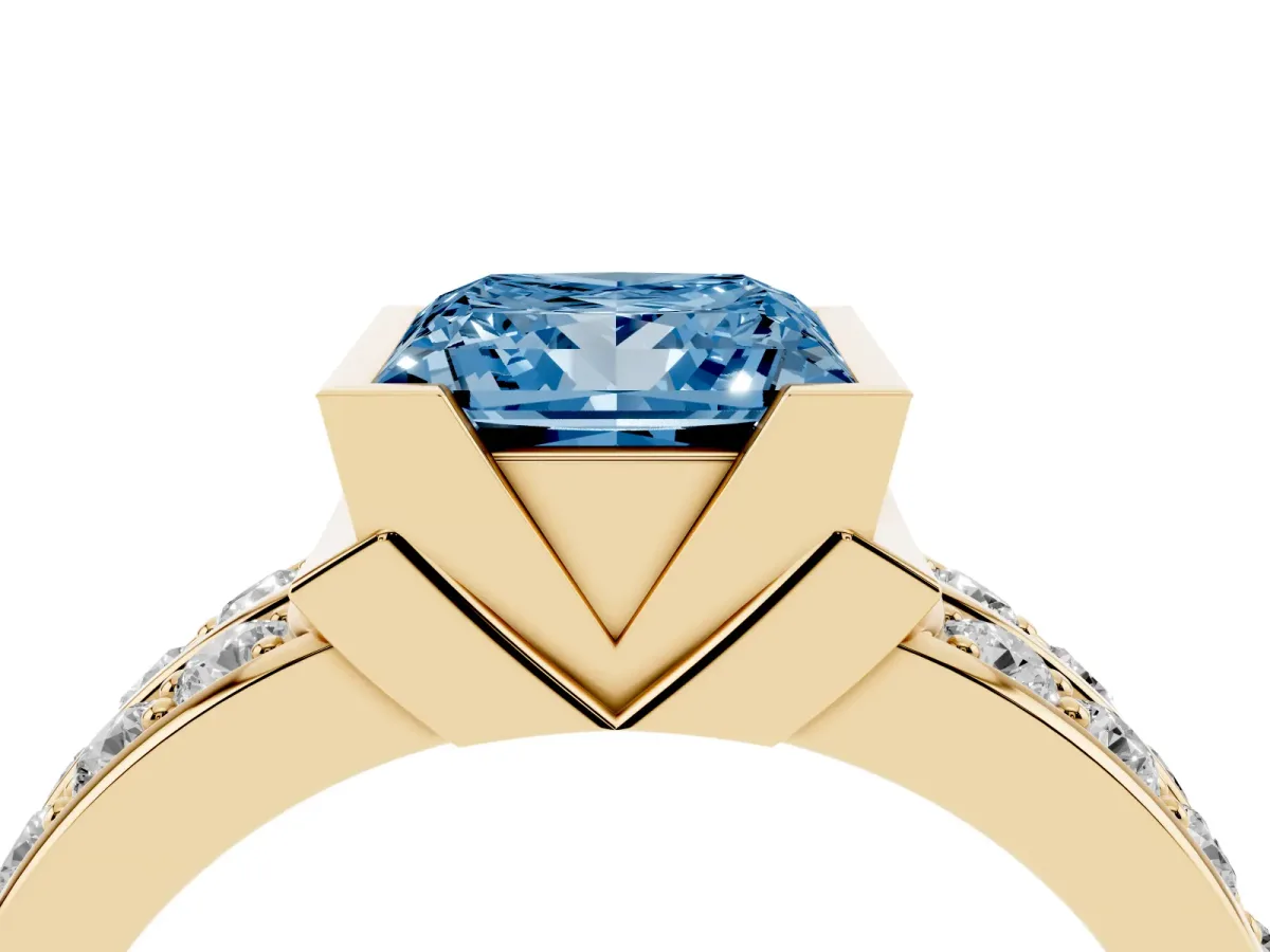 Fancy Blue Princess Cut Brilliant Diamond Channel Set Wide Band Ring with Bezel Setting Yellow gold