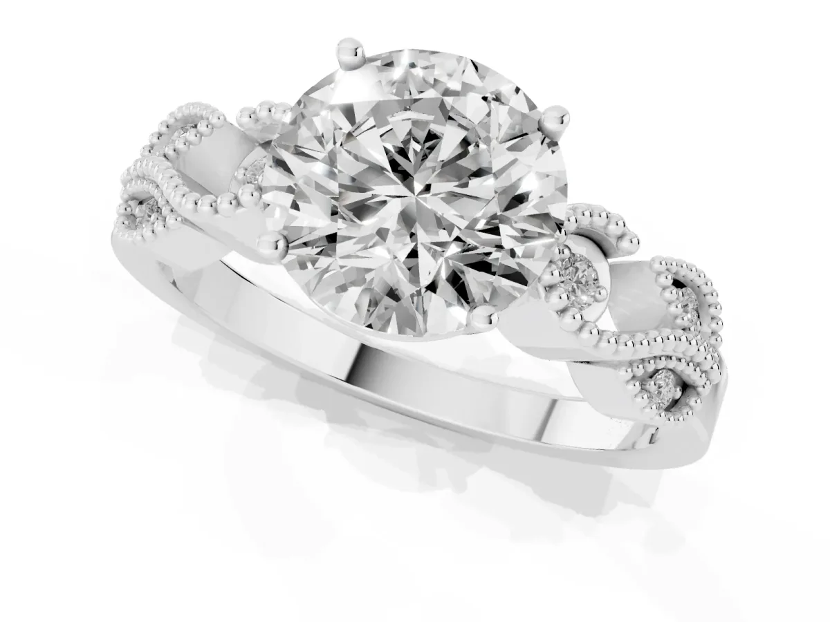 Round Cut Solitaire Milgrain Leaf Band with Prong Setting Silver