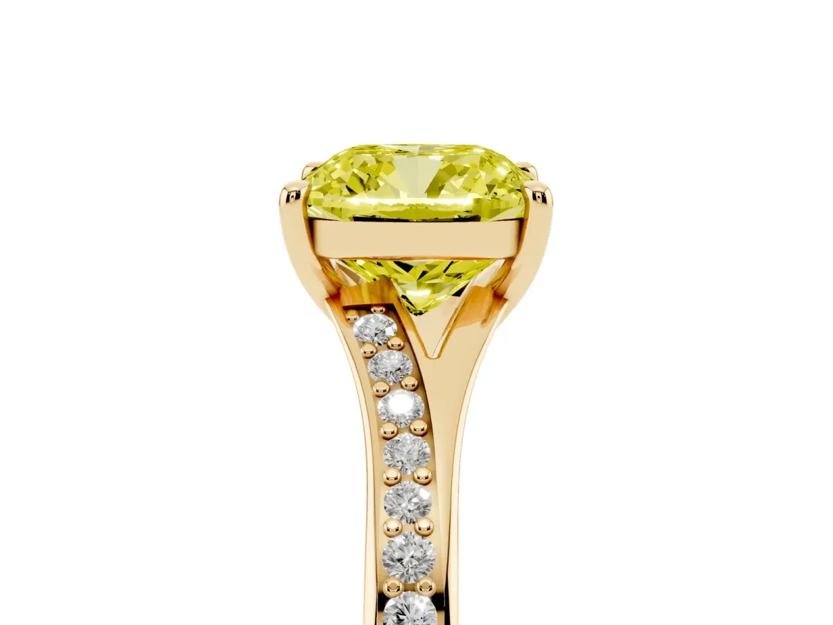 Fancy Yellow Cushion Cut Diamond Solitaire Ring with Pavé Band and Prong Setting Yellow gold