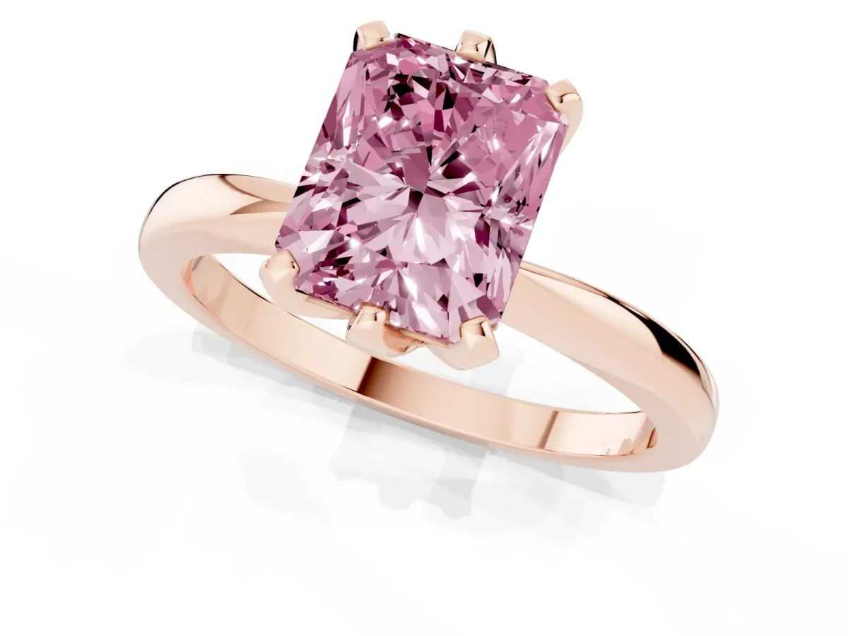 Fancy Pink Radiant Cut Solitaire Engagement Ring with Six-Prong Setting and Tapered Band Rose gold