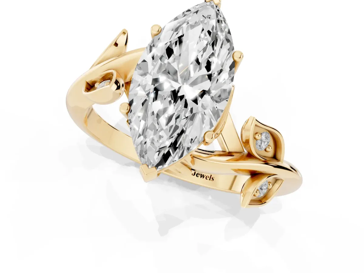 Marquise Cut Solitaire Twist Engagement Ring with Leaf Accents and Prong Setting Yellow gold