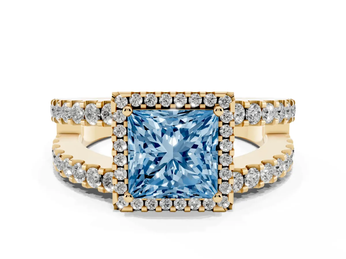 Fancy Blue Princess Cut Cut Halo Split Shank Diamond Ring with Four-Prong Setting Yellow gold
