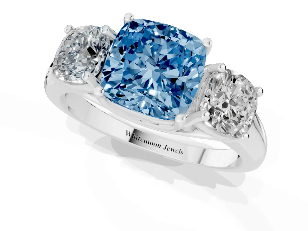 Fancy Blue Three-Stone Cushion Cut Diamond Engagement Ring with Prong Setting White gold