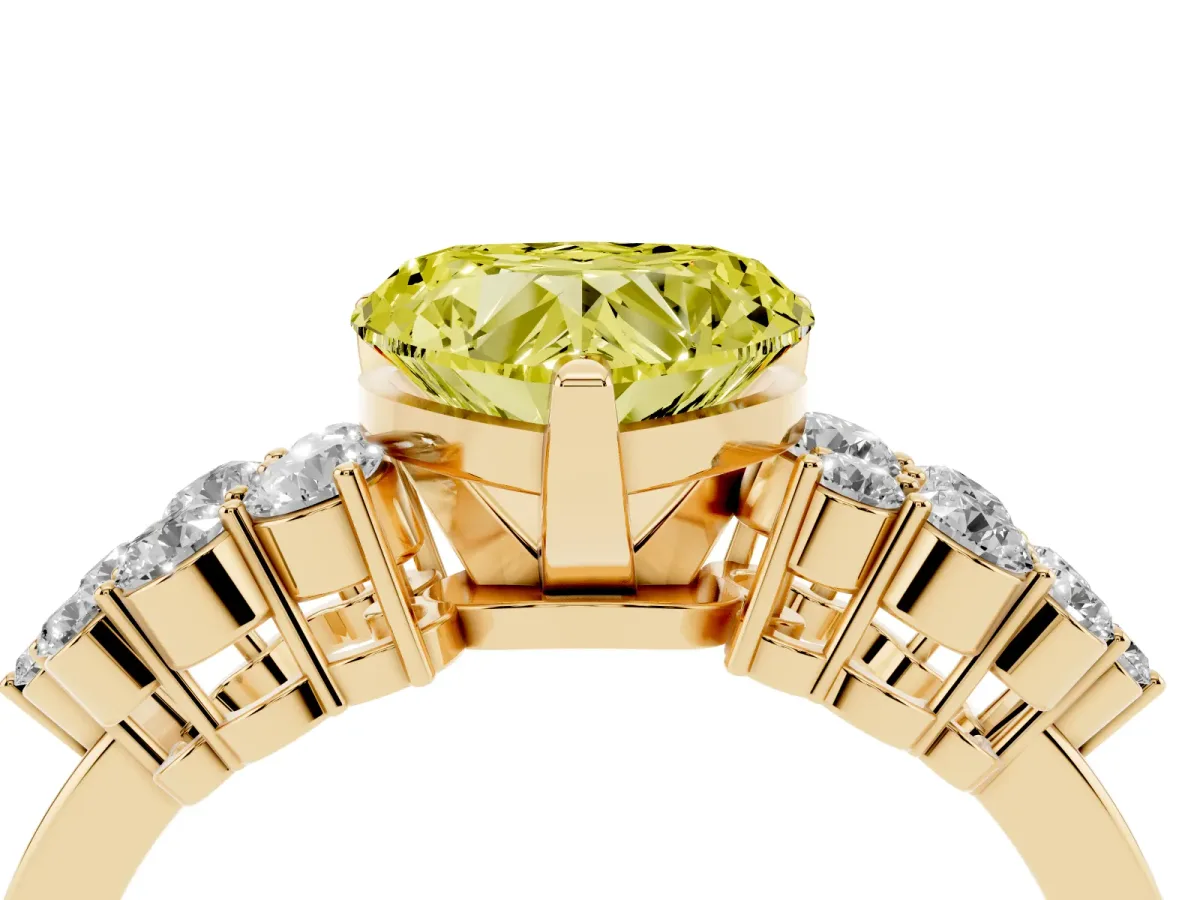 Fancy Yellow Heart Cut Cluster Diamond Engagement Ring with Pavé Band and Four-Prong Setting Yellow gold