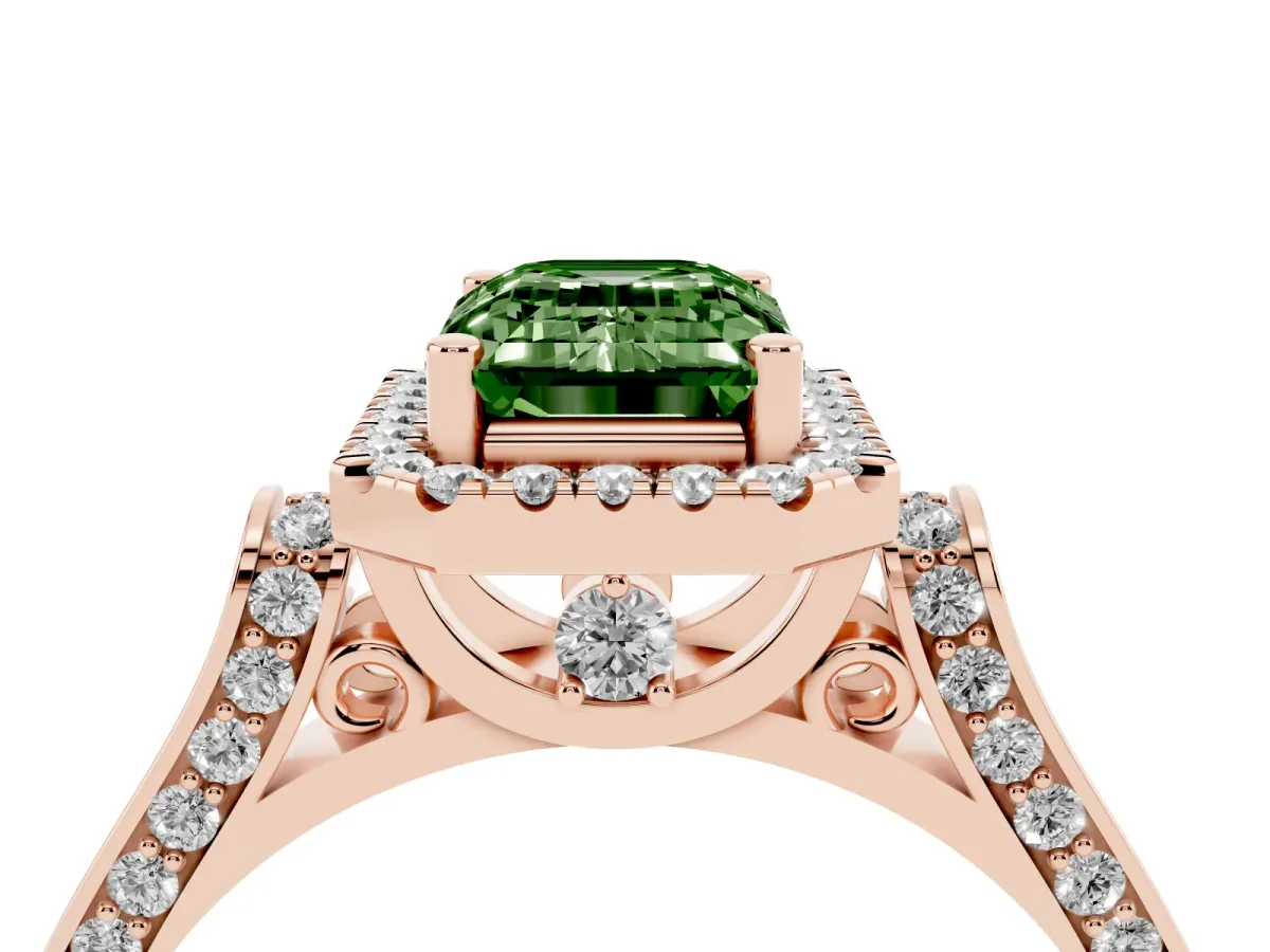 Fancy Green Emerald Cut Halo Pave Split Shank Prong Setting Ring Rose gold
