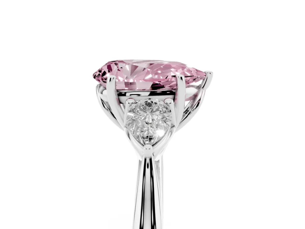 Fancy Pink Pear Cut Diamond Three-Stone Ring with Pear Side Stones and Prong Setting Silver
