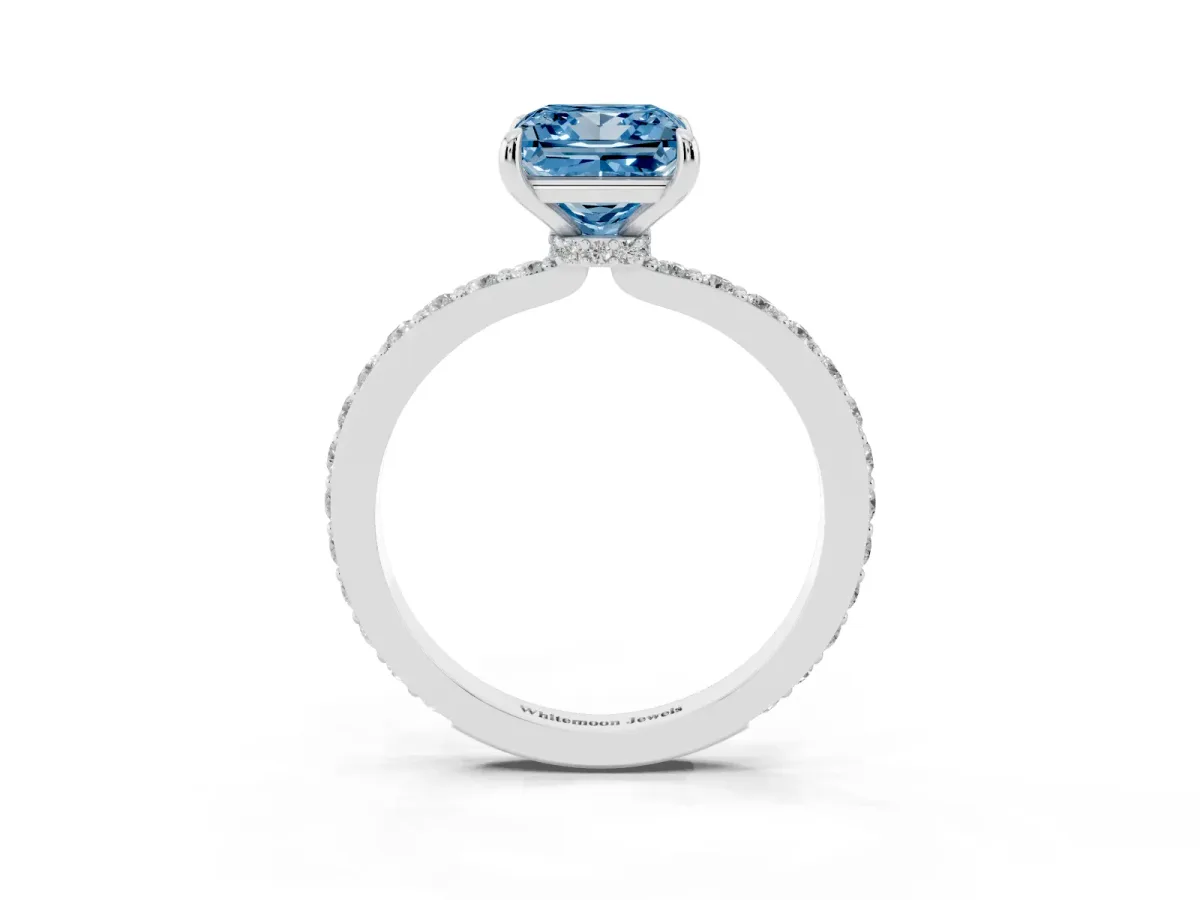 Fancy Blue Princess Cut Diamond Pavé Engagement Ring with Round Accents and Prong Setting Platinum