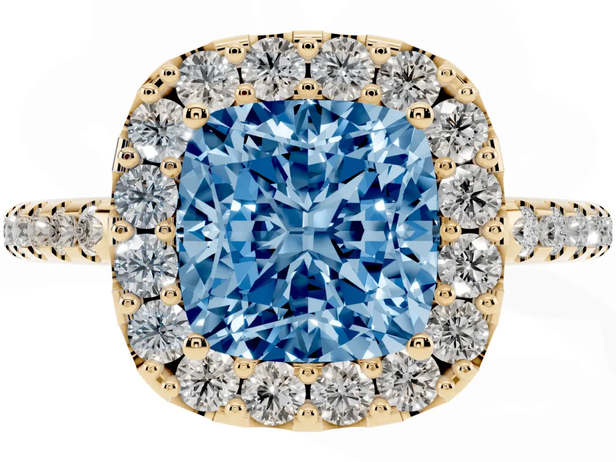 Fancy Blue Cushion Cut Diamond Pavé Halo Ring with Four-Prong Setting Yellow gold