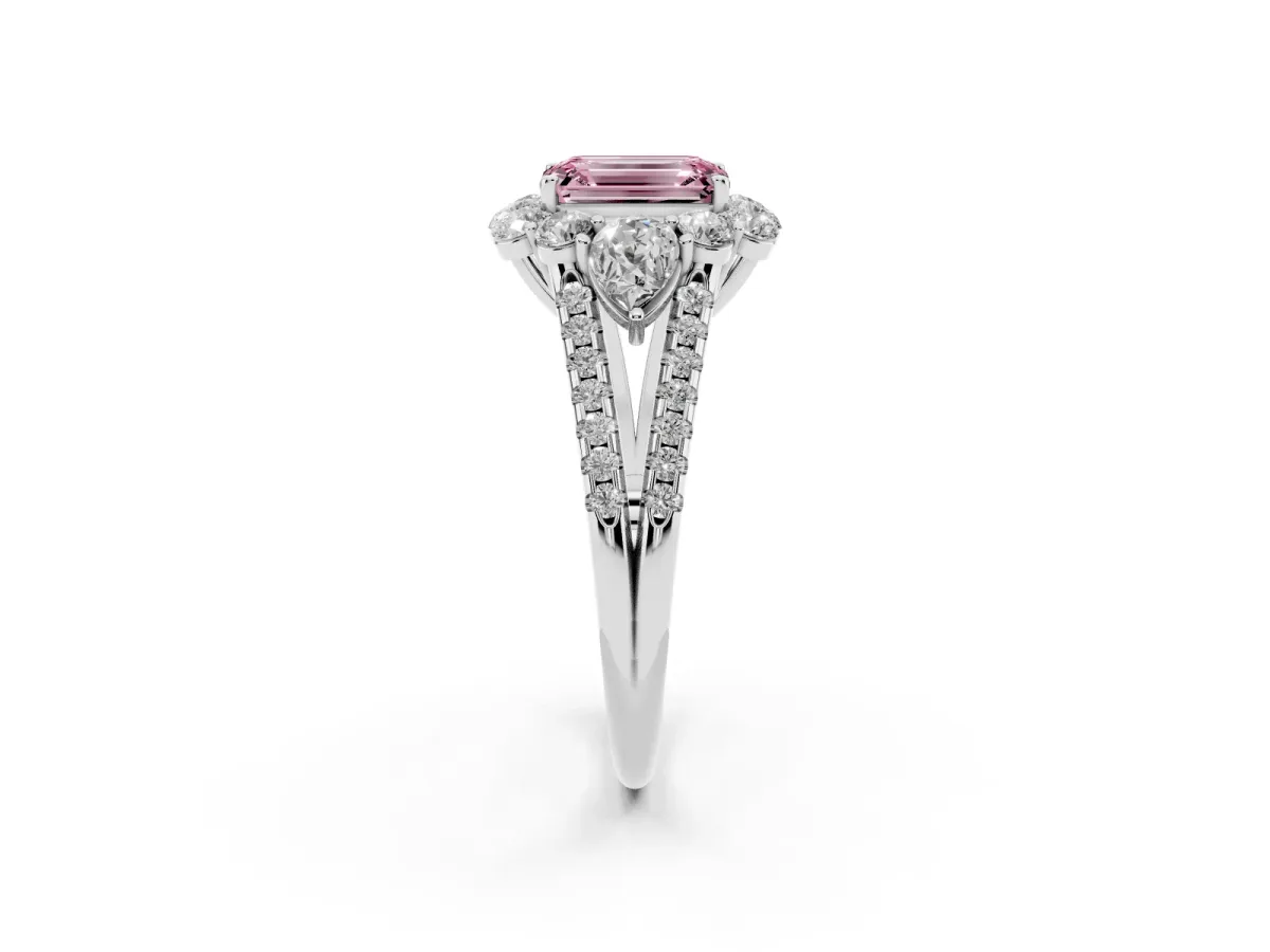 Fancy Pink Emerald Cut Halo Split Shank Diamond Engagement Ring with Prong Setting White gold