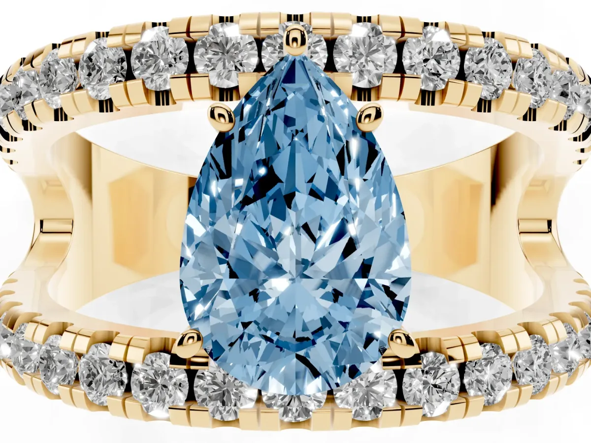 Fancy Blue Pear Cut Solitaire Split Shank Pave Diamond Ring Yellow gold