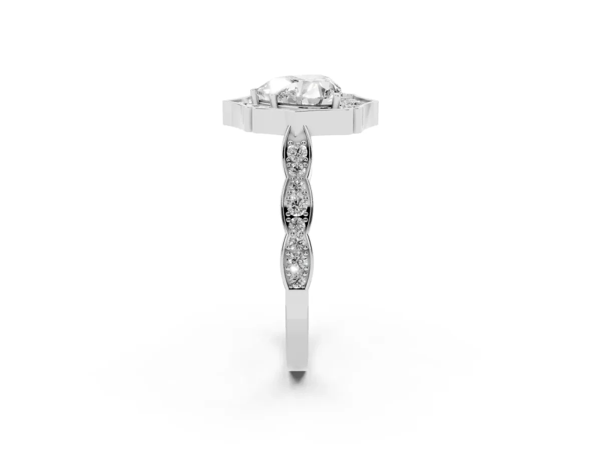 Heart Cut Halo Diamond Engagement Ring with Milgrain Band and Four-Prong Setting Platinum
