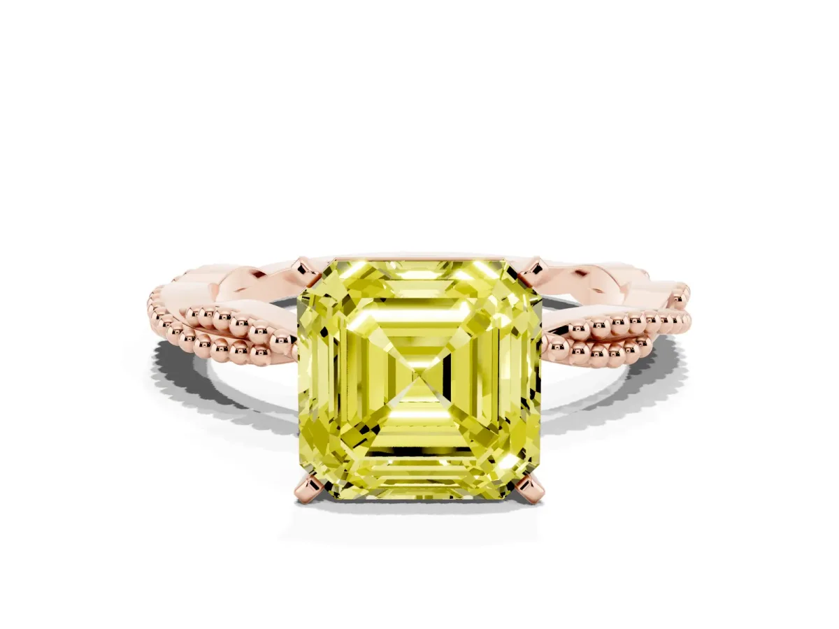 Fancy Yellow Asscher Cut Solitaire Twisted Band with Bead Prong Setting Rose gold