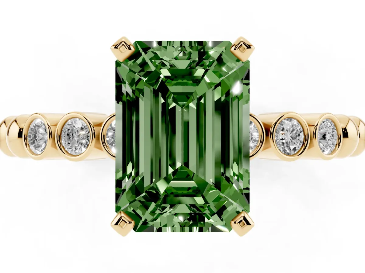 Fancy Green Emerald Cut Solitaire Bezel Accent Diamond Engagement Ring with Beaded Band and Four-Prong Setting Yellow gold