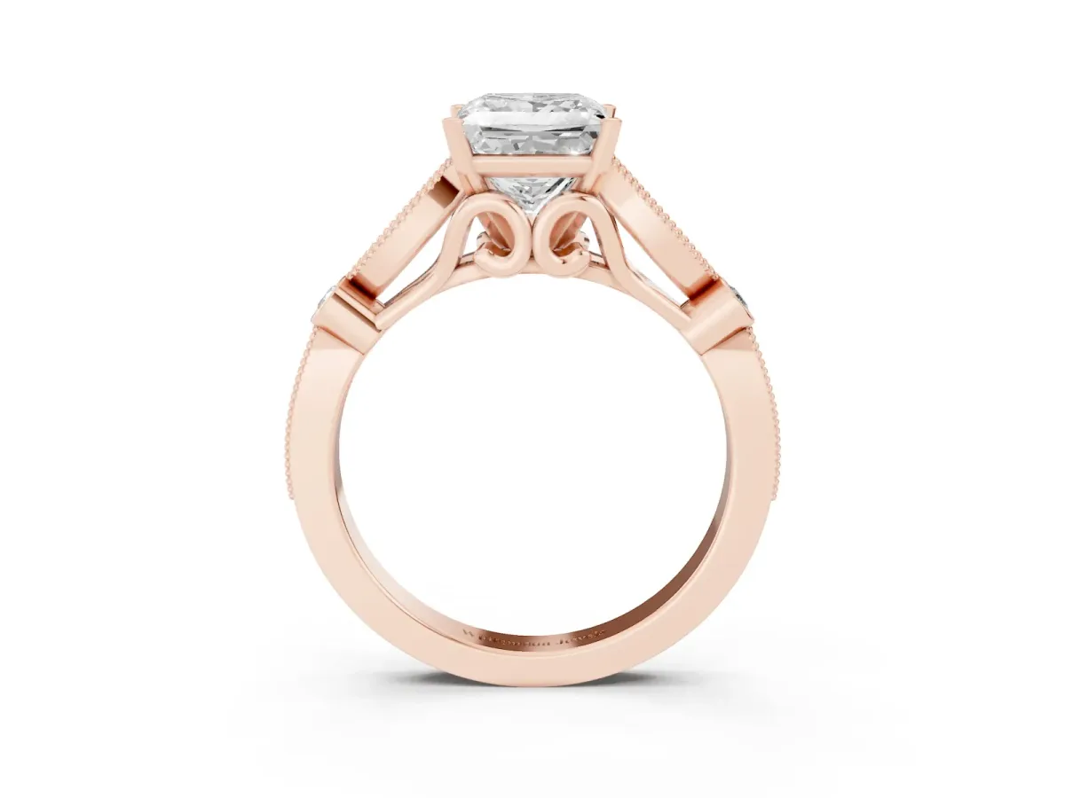 Princess Cut Cut Diamond with Milgrain Marquise and Bezel Accents on a Solitaire Band with Prong Setting Rose gold