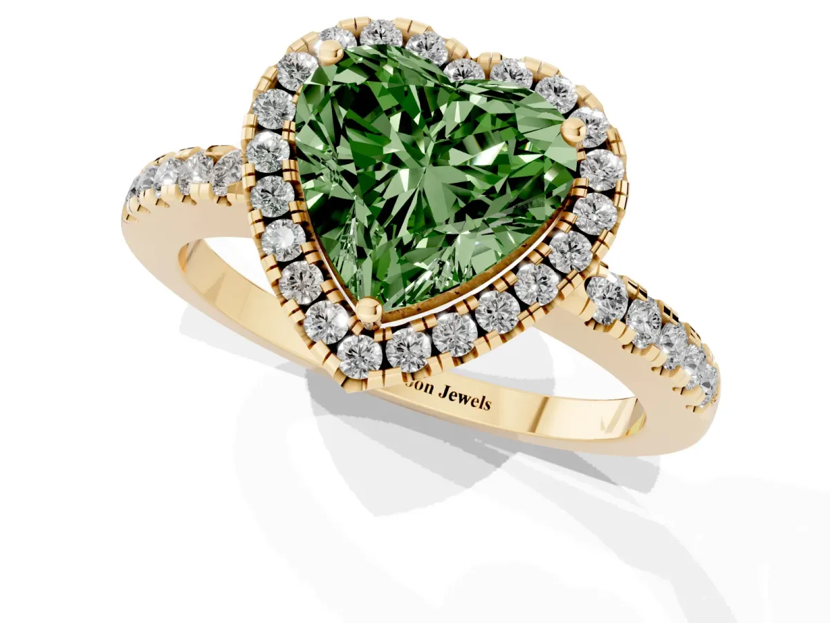 Fancy Green Heart Cut Halo Diamond Engagement Ring with Pavé Band and Four-Prong Setting Yellow gold