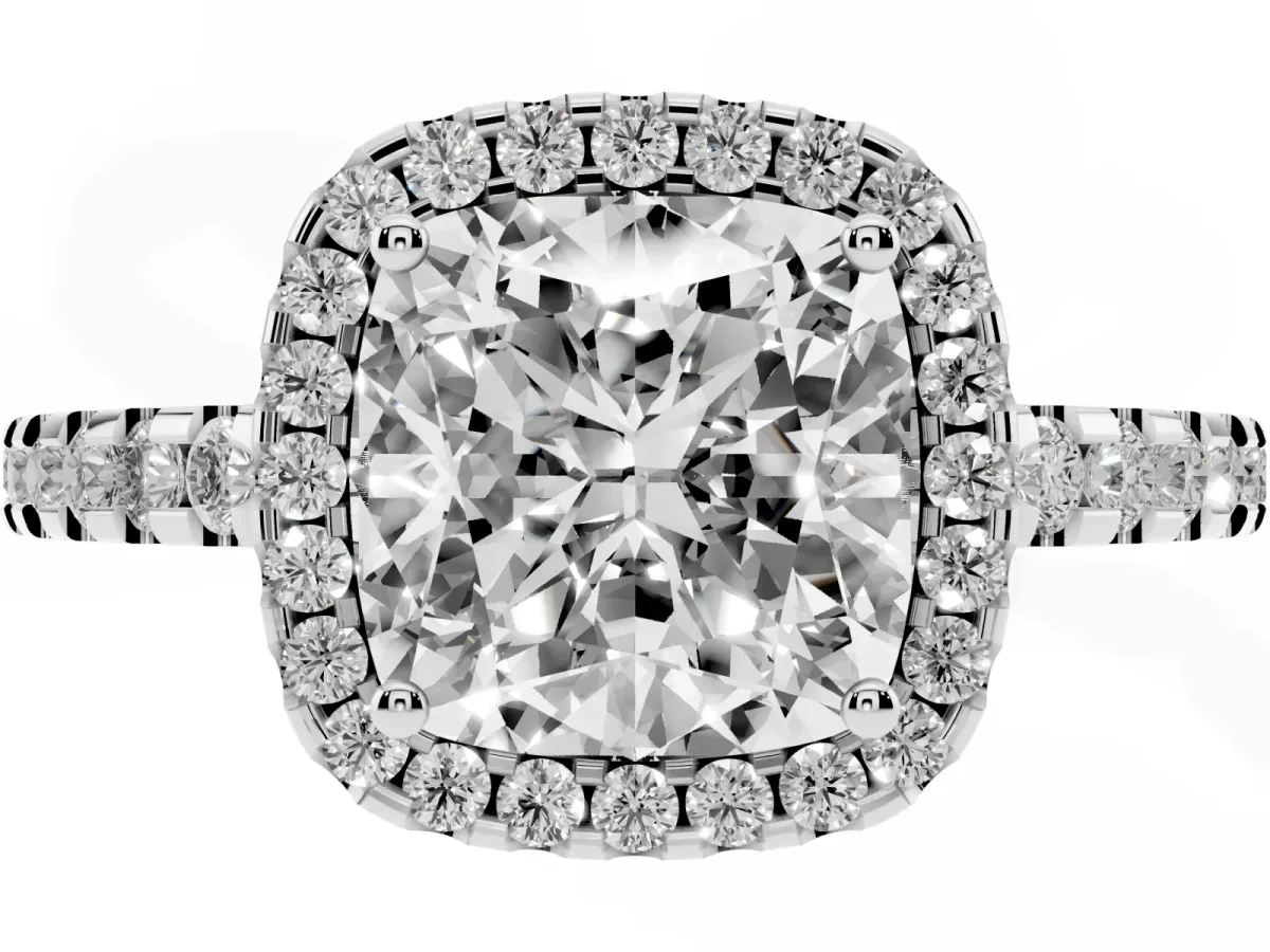 Cushion Cut Diamond Halo Engagement Ring with Pavé Band and Prong Setting Silver