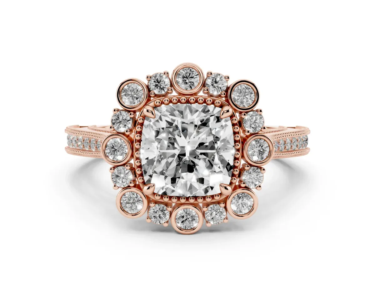 Cushion Cut Halo Milgrain Pave Diamond Ring with Four-Prong Setting Rose gold