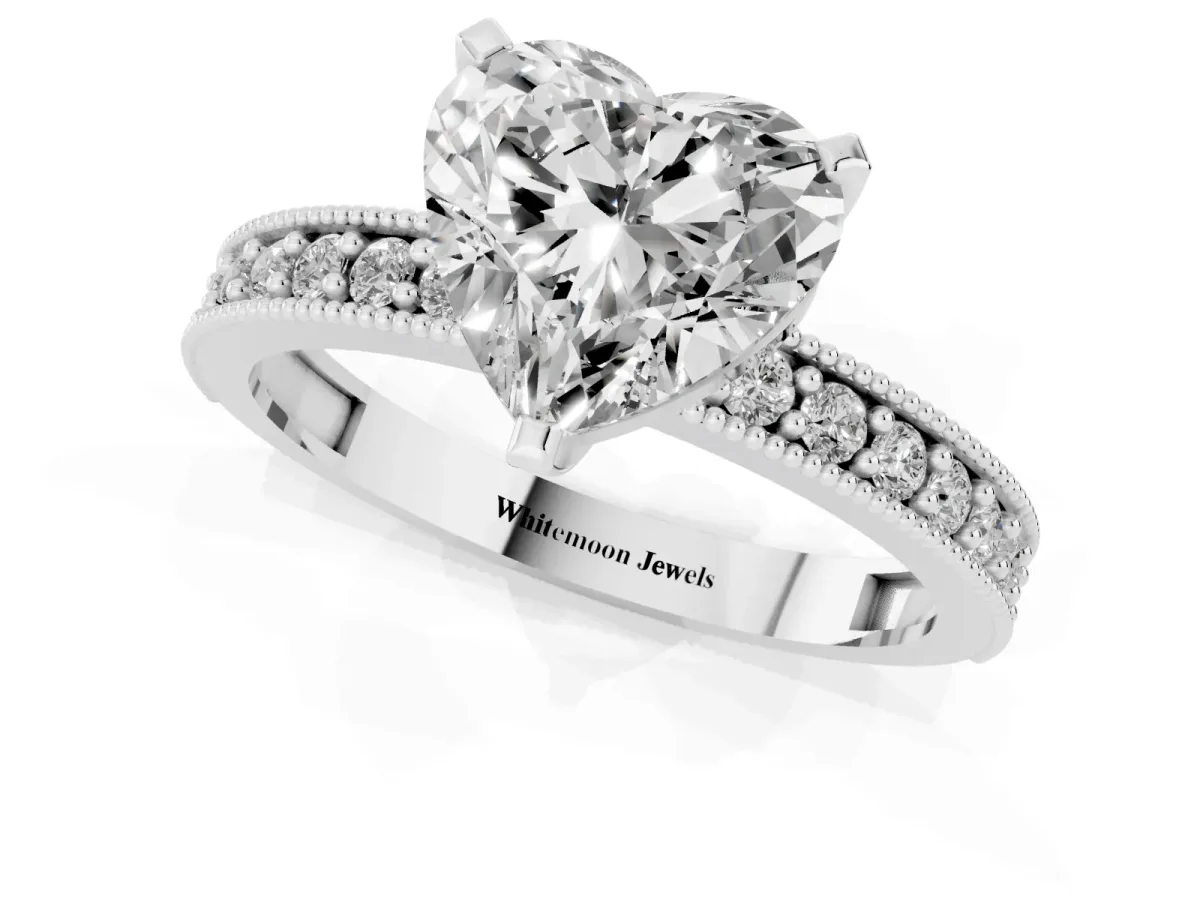 Heart Cut Diamond Milgrain Pavé Engagement Ring with Four-Prong Setting Platinum