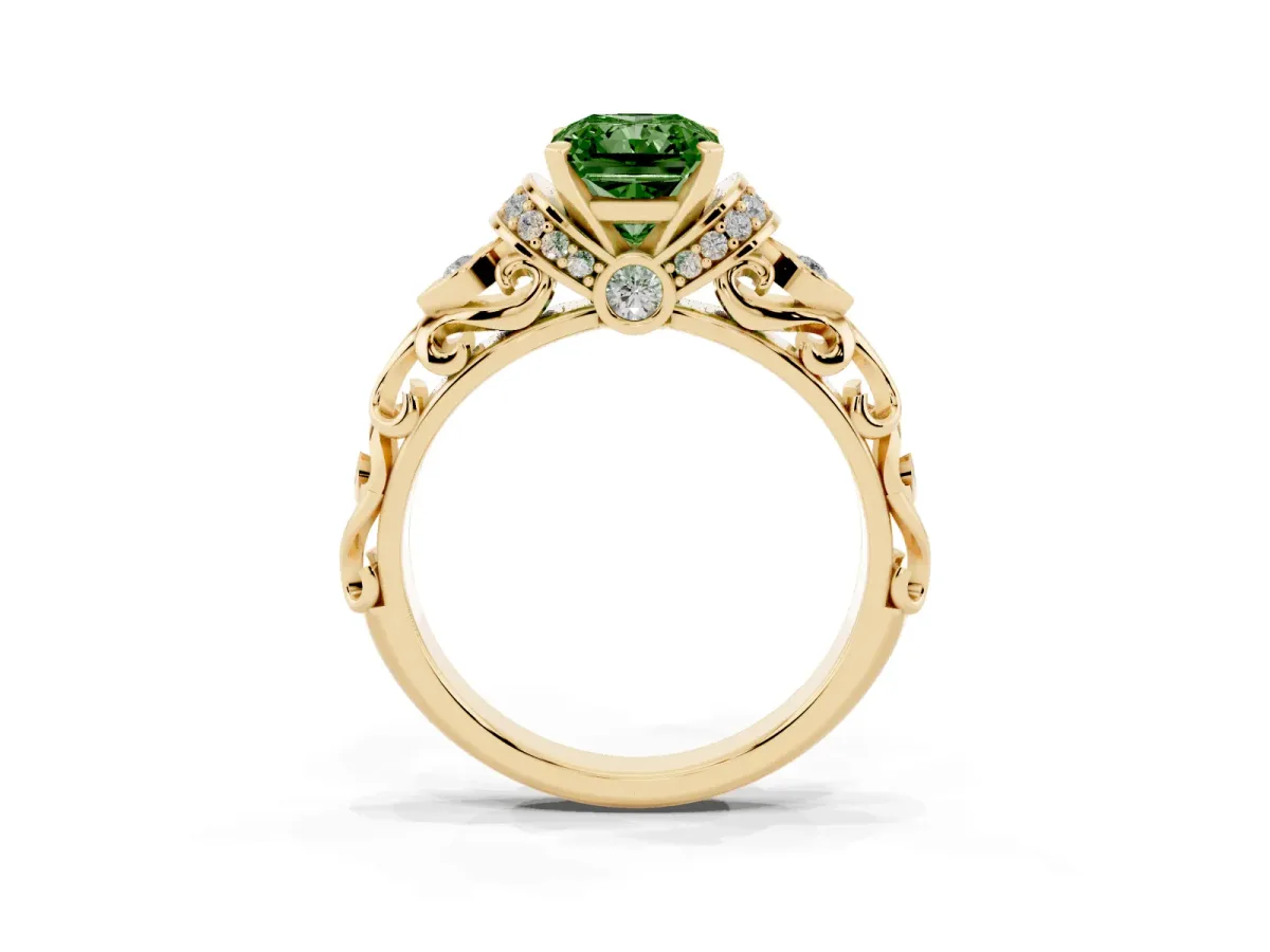 Fancy Green Radiant Cut Diamond Solitaire Ring with Filigree Band and Four-Prong Setting Yellow gold