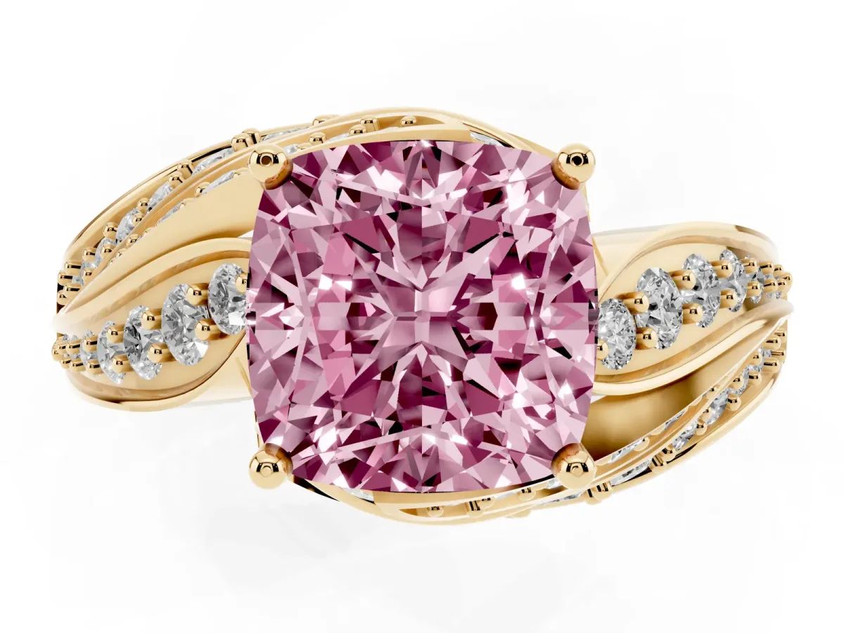 Fancy Pink Cushion Cut Diamond Solitaire Ring with Prong Setting and Twisted Pavé Band Yellow gold