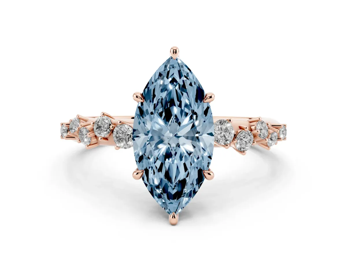 Fancy Blue Marquise Cut Diamond Cluster Side Stone Solitaire Ring with Prong Setting Rose gold