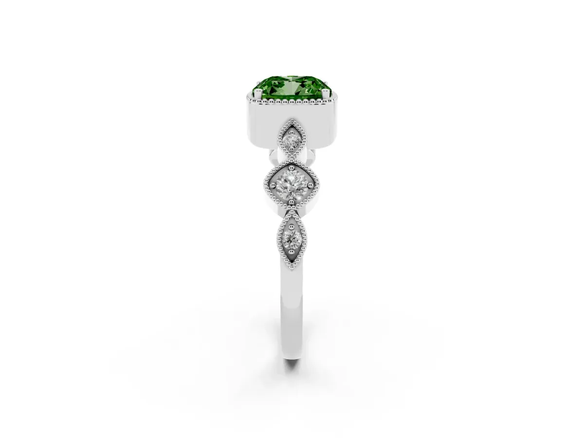 Fancy Green Cushion Cut Diamond Vintage Milgrain Ring with Round Stations Silver