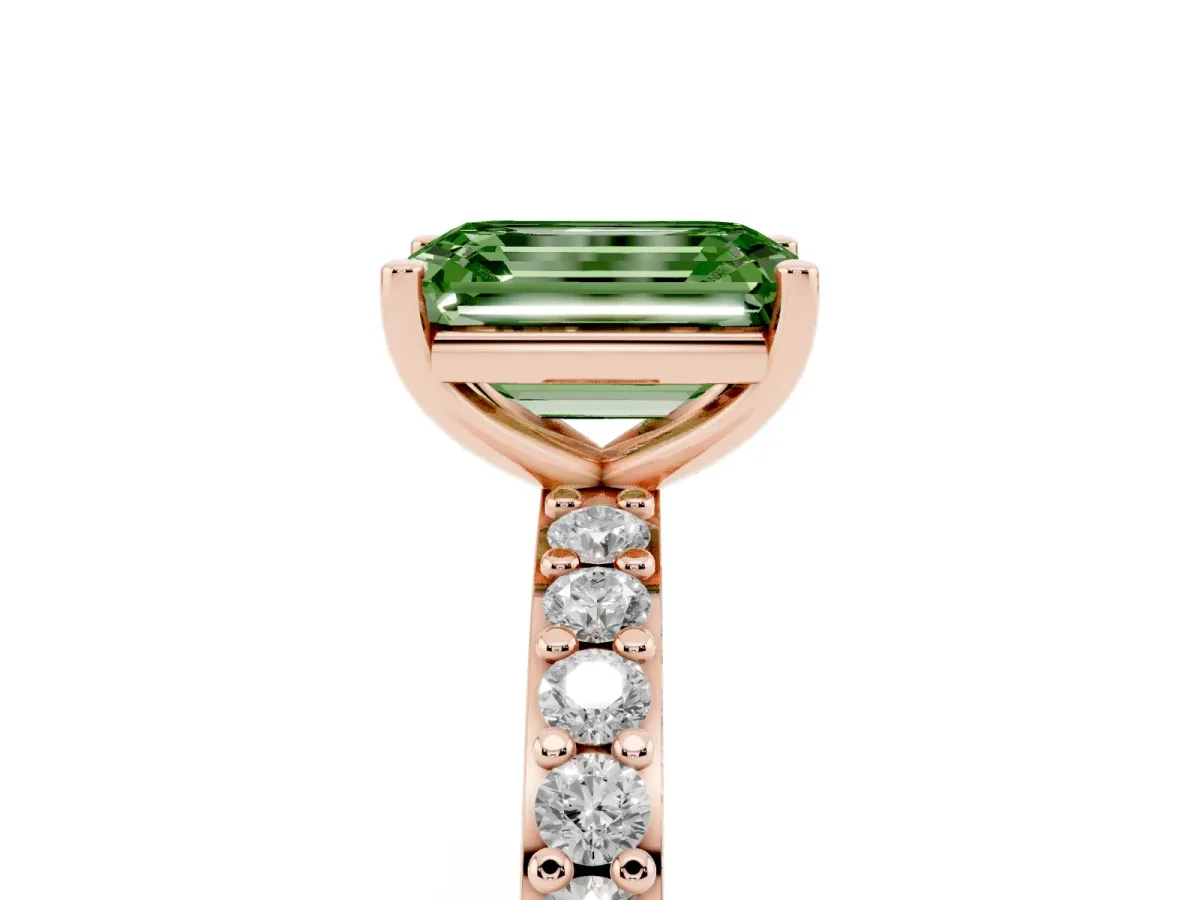 Fancy Green Emerald Cut Cut Diamond Solitaire with Pave Band and Four-Prong Setting Rose gold