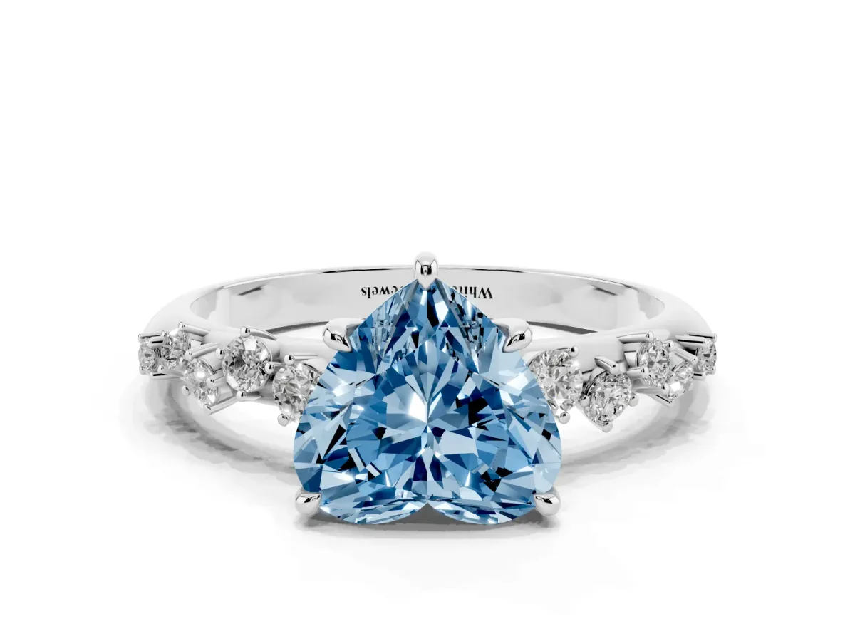 Fancy Blue Heart Cut Diamond Cluster Side Stone Solitaire Ring with Prong Setting Silver