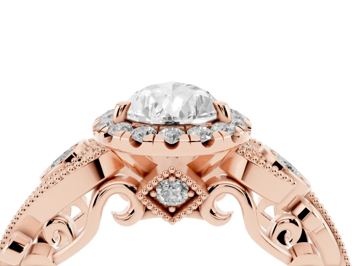 Pear Cut Diamond Halo Ring with Milgrain Pavé Band and Four-Prong Setting Rose gold