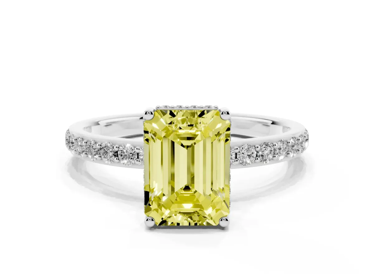 Fancy Yellow Emerald Cut Diamond Solitaire Ring with Pavé Band and Hidden Halo White gold