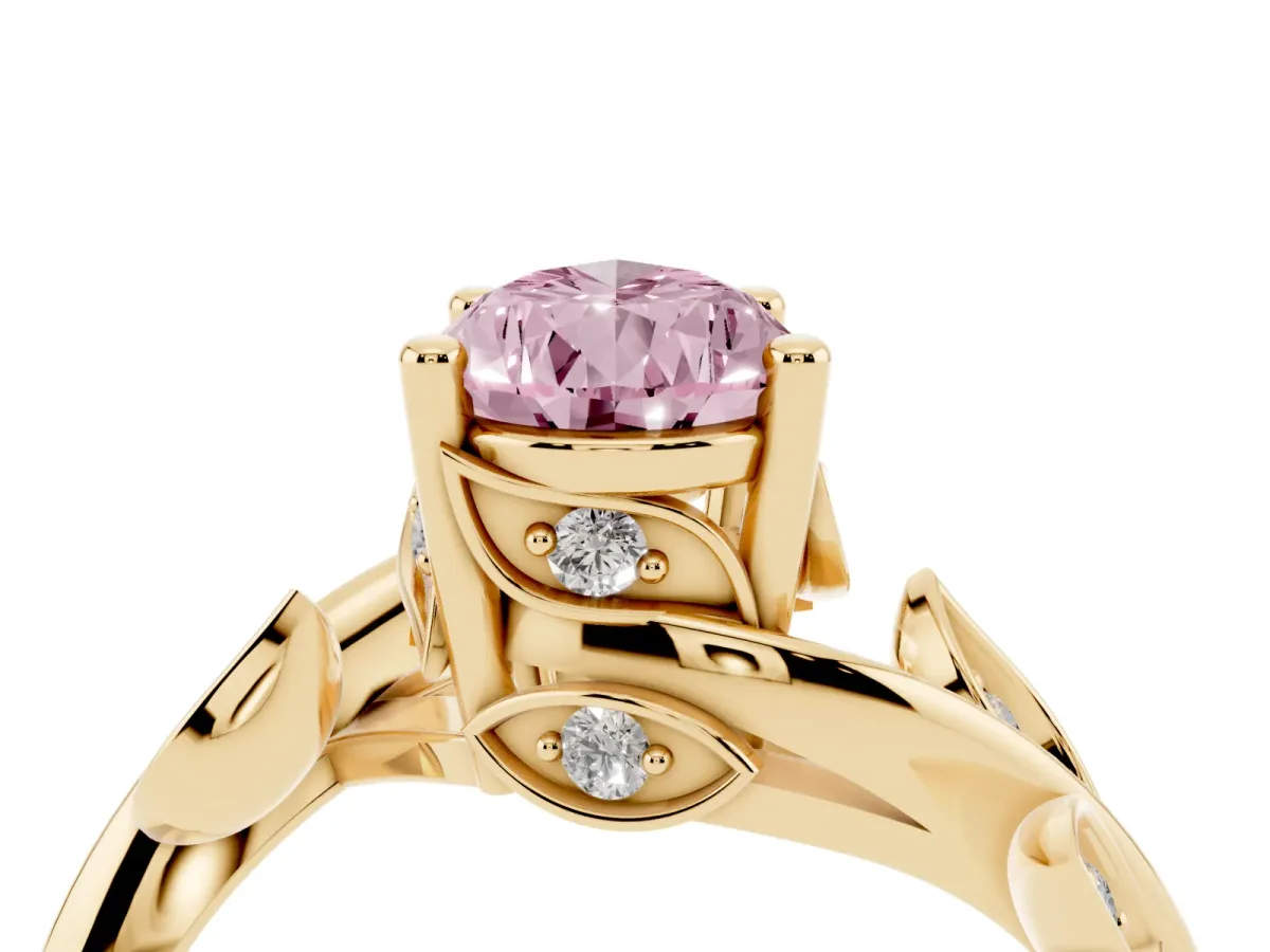 Fancy Pink Pear Cut Solitaire Twist Engagement Ring with Leaf Accents and Prong Setting Yellow gold
