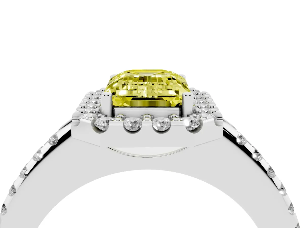 Fancy Yellow Emerald Cut Diamond Pavé Halo Ring with Four-Prong Setting Silver