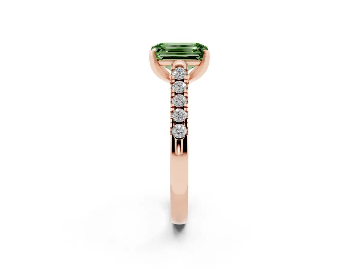 Fancy Green Emerald Cut Diamond Pavé Band Solitaire Ring with Prong Setting Rose gold