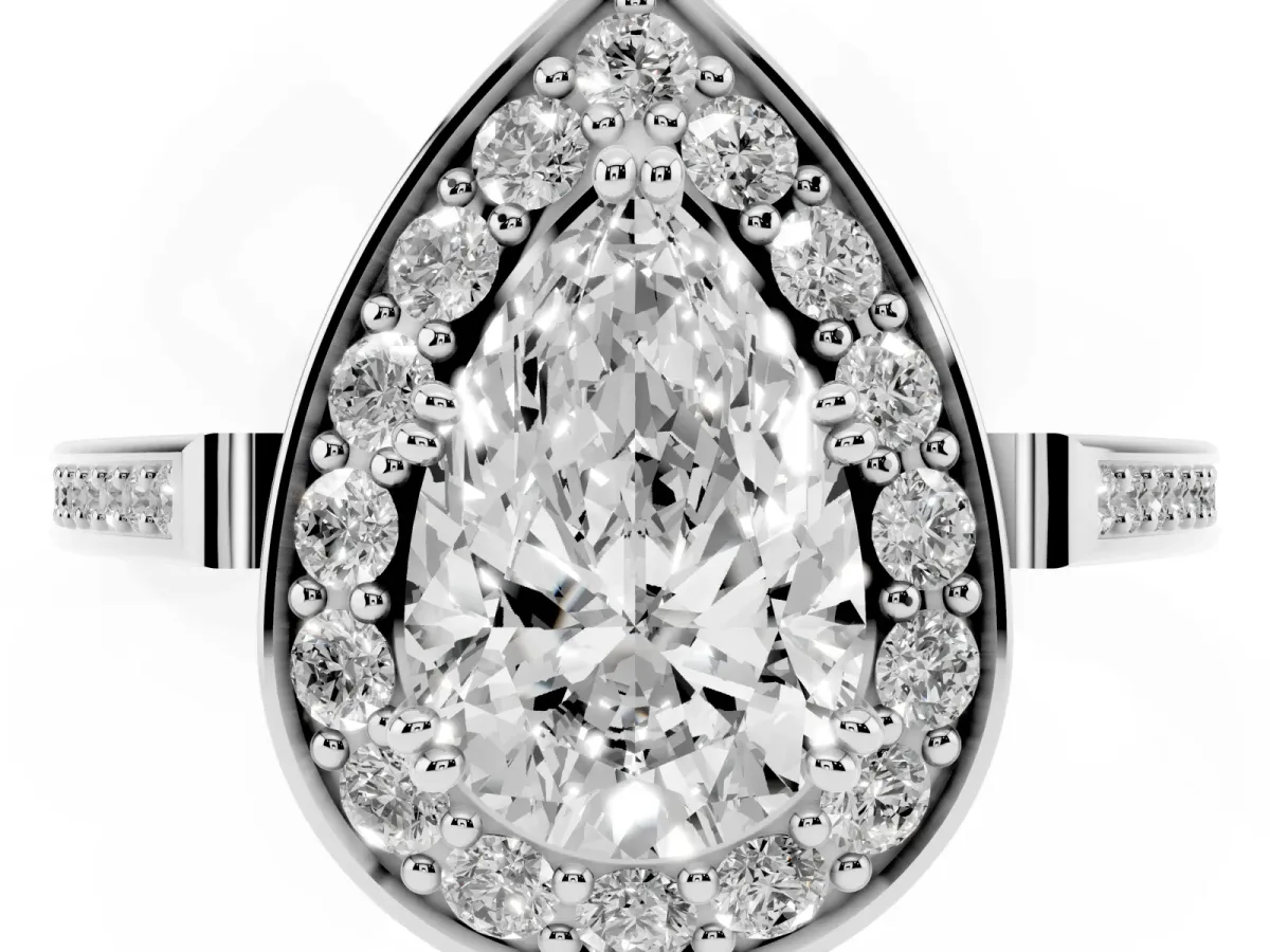 Pear Cut Diamond Halo Ring with Split Shank and Four-Prong Setting Silver