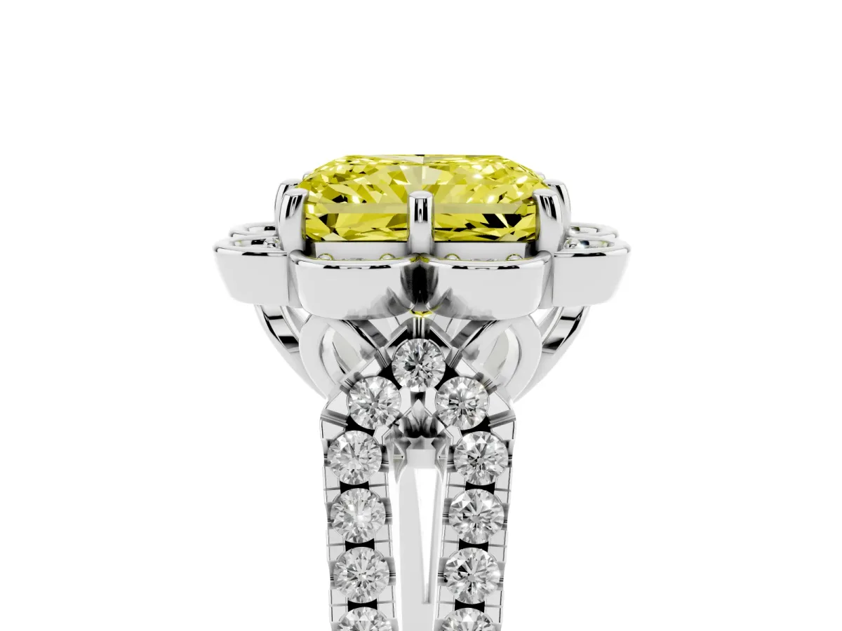 Fancy Yellow Radiant Cut Halo Diamond Floral Split Shank Engagement Ring Silver
